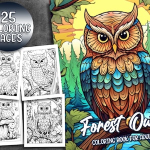 25 Pages Forest Owls Coloring Book - Animal Adult Coloring Pages, Instant Download, Grayscale Coloring Book, Printable PDF File
