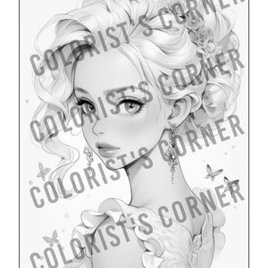 Peut inclure: Une illustration en noir et blanc d'une femme aux cheveux longs et flottants, portant une robe &agrave; col volant&eacute;. Elle a des traits d&eacute;licats et porte des boucles d'oreilles. Des papillons sont &eacute;parpill&eacute;s autour d'elle.