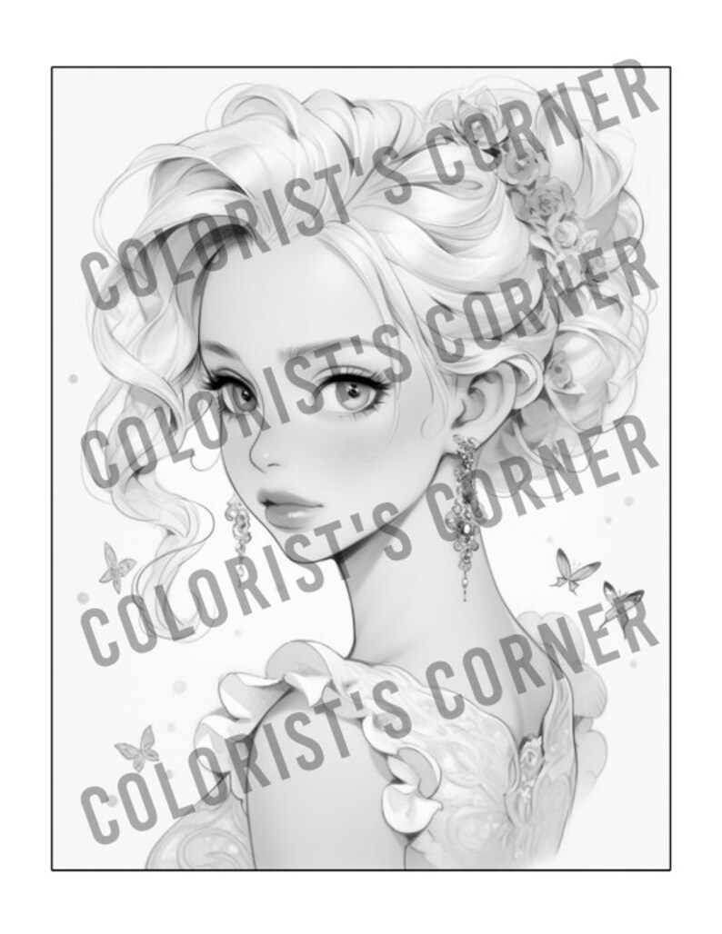 Peut inclure: Une illustration en noir et blanc d'une femme aux cheveux longs et flottants, portant une robe &agrave; col volant&eacute;. Elle a des traits d&eacute;licats et porte des boucles d'oreilles. Des papillons sont &eacute;parpill&eacute;s autour d'elle.