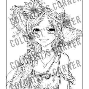 Puede incluir: Un dibujo en blanco y negro de una joven con el pelo largo, que lleva un gran sombrero de sol con flores y un vestido floral. Ella sonr&iacute;e y mira al espectador.