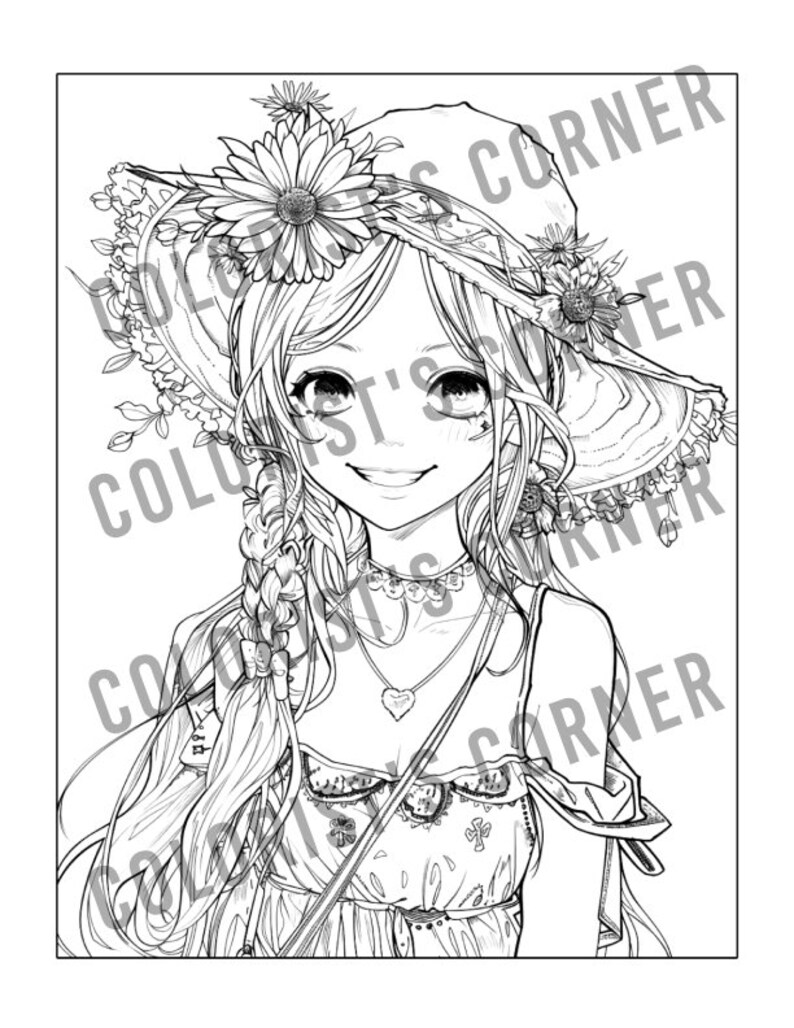 Puede incluir: Un dibujo en blanco y negro de una joven con el pelo largo, que lleva un gran sombrero de sol con flores y un vestido floral. Ella sonr&iacute;e y mira al espectador.