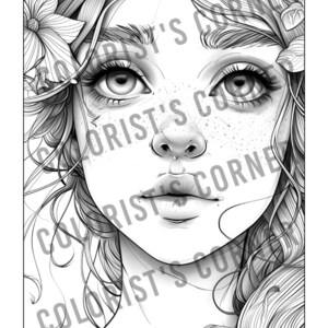 Puede incluir: Dibujo en blanco y negro de l&iacute;nea de un rostro de mujer con cabello largo y suelto y flores en el cabello. La mujer tiene ojos grandes, una nariz peque&ntilde;a y labios carnosos.