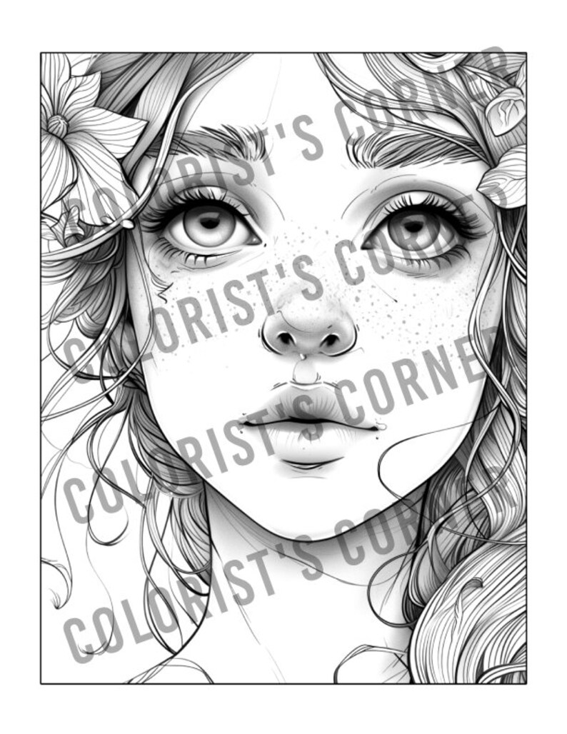 Puede incluir: Dibujo en blanco y negro de l&iacute;nea de un rostro de mujer con cabello largo y suelto y flores en el cabello. La mujer tiene ojos grandes, una nariz peque&ntilde;a y labios carnosos.