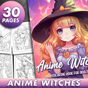 30 Pages Anime Witches Coloring Book Adult Coloring Pages, Instant Download, Halloween Coloring Book, Printable PDF File