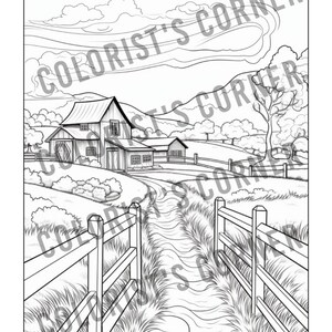 May include: A black and white line drawing of a farmhouse with a winding path leading to it. The farmhouse is surrounded by trees and a fence. The path is lined with grass and flowers.