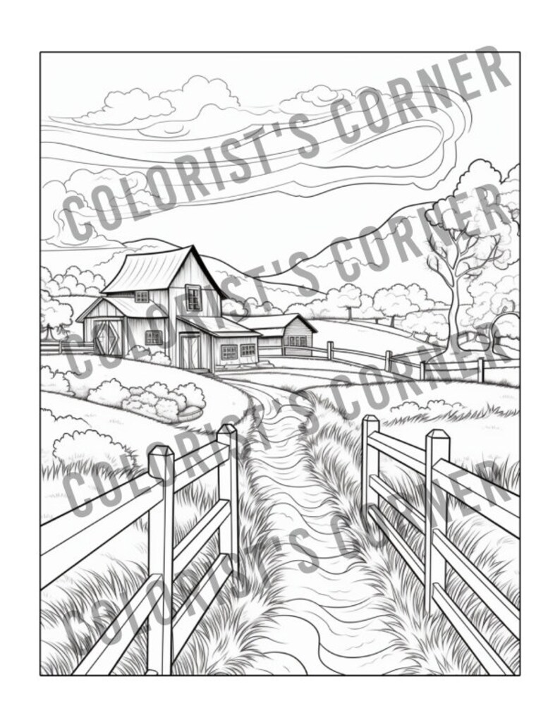 May include: A black and white line drawing of a farmhouse with a winding path leading to it. The farmhouse is surrounded by trees and a fence. The path is lined with grass and flowers.