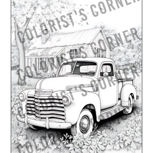 May include: A black and white illustration of a vintage pickup truck parked in front of a farmhouse. The truck has a wooden bed and a chrome bumper. The farmhouse has a wooden door and windows. There are trees and bushes surrounding the truck and farmhouse.