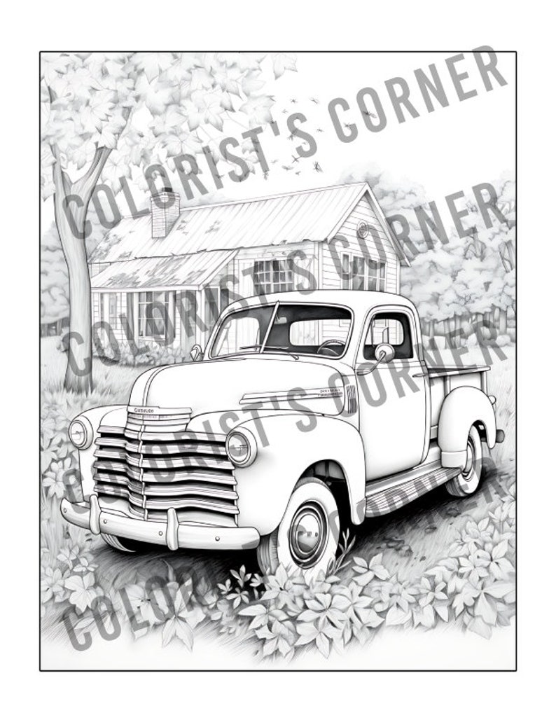 May include: A black and white illustration of a vintage pickup truck parked in front of a farmhouse. The truck has a wooden bed and a chrome bumper. The farmhouse has a wooden door and windows. There are trees and bushes surrounding the truck and farmhouse.