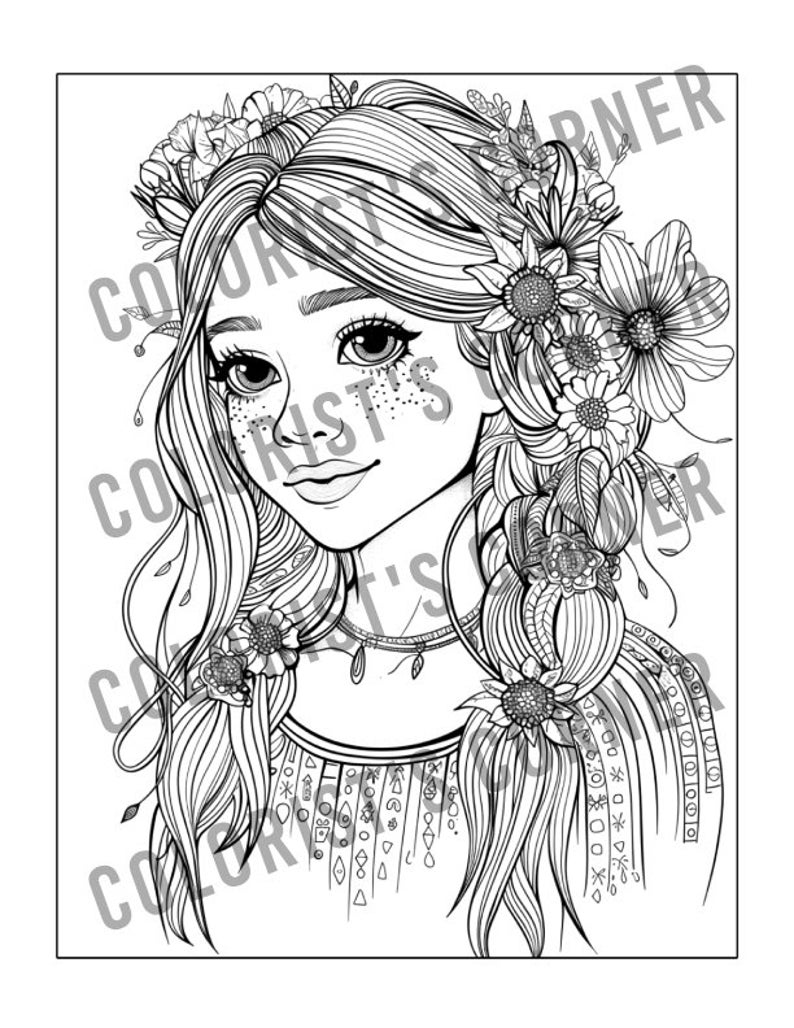 Puede incluir: Un dibujo en blanco y negro de una mujer con el pelo largo y suelto adornado con flores. Lleva un collar y una blusa estampada. El dibujo es detallado e intrincado, con un enfoque en el cabello de la mujer y las flores.