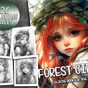 26 Pages Cute Forest Girls Coloring Book Adult Coloring Pages, Instant Download, Grayscale Coloring Book, Printable PDF File