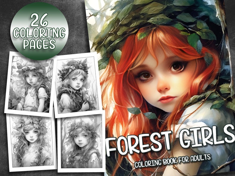 26 Pages Cute Forest Girls Coloring Book Adult Coloring Pages, Instant Download, Grayscale Coloring Book, Printable PDF File image 1