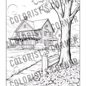 May include: A black and white line drawing of a house with a porch and a large tree in the front garden. The house has a fence and a path leading to the front door. There are leaves on the ground around the tree.