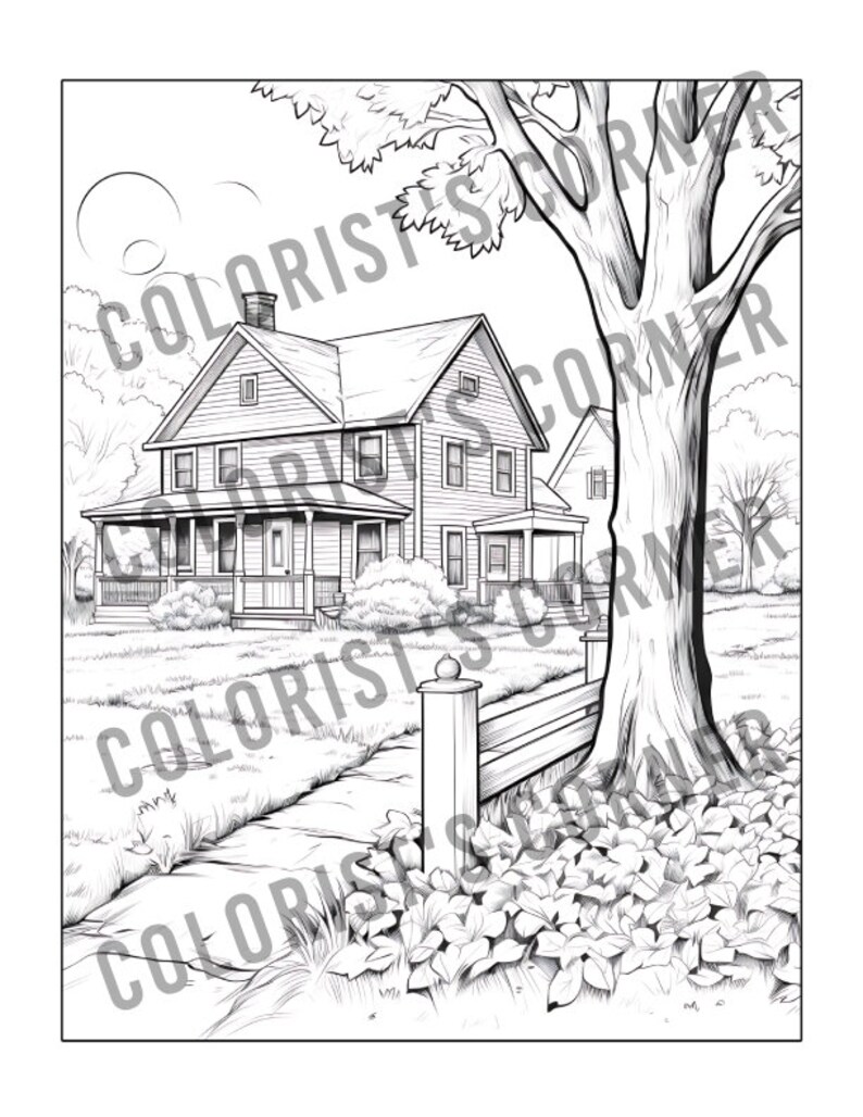 May include: A black and white line drawing of a house with a porch and a large tree in the front garden. The house has a fence and a path leading to the front door. There are leaves on the ground around the tree.