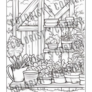 May include: A black and white line drawing of a garden scene with a wooden shelf holding potted plants. The shelf is attached to a wooden fence. There are several potted plants on the shelf and on the ground in front of the shelf. The plants are all different shapes and sizes. There is a watering can on the ground in front of the shelf.