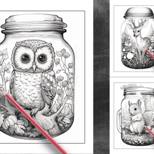 Może przedstawiać: Trzy czarno-białe ilustracje słoik&oacute;w z pokrywkami. Każdy słoik zawiera inne zwierzę: sowę, jelenia i wiewi&oacute;rkę. Zwierzęta są otoczone liśćmi i kwiatami.