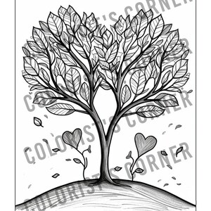 Op de afbeelding: Zwart-wit lijntekening van een boom met hartvormige bladeren en twee hartvormige bloemen. De boom staat op een kleine heuvel, met vallende bladeren. De woorden "COLORIST'S CORNER" zijn rond de afbeelding gedrukt.