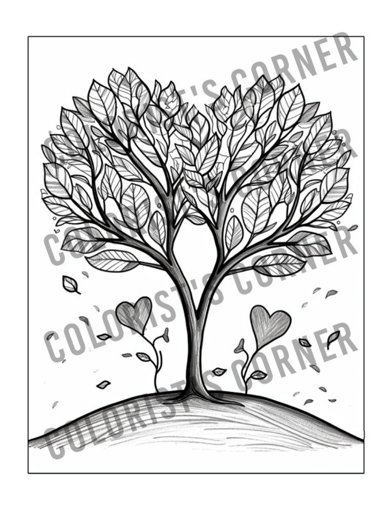Op de afbeelding: Zwart-wit lijntekening van een boom met hartvormige bladeren en twee hartvormige bloemen. De boom staat op een kleine heuvel, met vallende bladeren. De woorden "COLORIST'S CORNER" zijn rond de afbeelding gedrukt.
