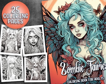 25 Pages Zombie Fairies Coloring Book Adult Coloring Pages,  Instant Download, Grayscale Coloring Book, Printable PDF File