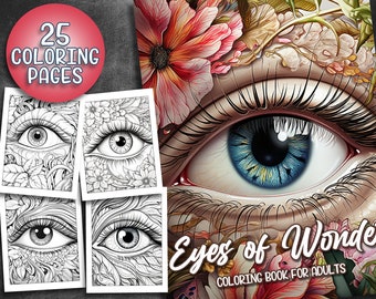 カラーリストのコーナー 25 ページ Eyes of Wonder 美しい目 大人向けぬり絵ページ、即時ダウンロード、グレースケールぬり絵ブック、印刷可能な PDF ファイル