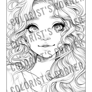 Puede incluir: Dibujo en blanco y negro de una mujer con el pelo largo y rizado. Tiene ojos grandes y una dulce sonrisa. El dibujo est&aacute; en un estilo sencillo, perfecto para colorear.