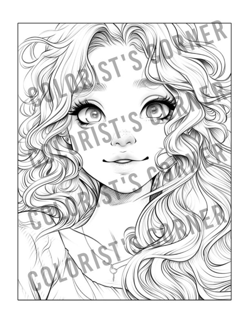 Puede incluir: Dibujo en blanco y negro de una mujer con el pelo largo y rizado. Tiene ojos grandes y una dulce sonrisa. El dibujo est&aacute; en un estilo sencillo, perfecto para colorear.