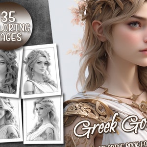 35 Pages Cute Greek Goddesses Portrait Coloring Book Adult Coloring Pages, Instant Download, Grayscale Coloring Book, Printable PDF File