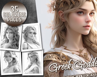35 Pages Cute Greek Goddesses Portrait Coloring Book Adult Coloring Pages, Instant Download, Grayscale Coloring Book, Printable PDF File