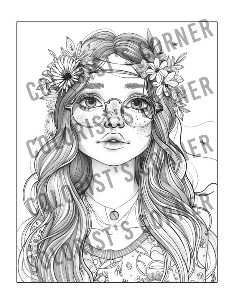 Puede incluir: Ilustraci&oacute;n en blanco y negro de una mujer con el pelo largo y ondulado que lleva gafas redondas y una corona de flores. Lleva una camisa estampada y un collar con un colgante.