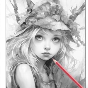 26 Pages Cute Forest Girls Coloring Book Adult Coloring Pages, Instant Download, Grayscale Coloring Book, Printable PDF File image 7