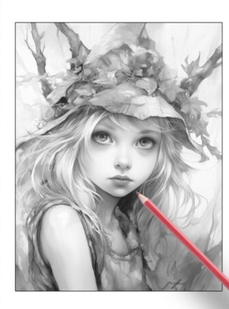 26 Pages Cute Forest Girls Coloring Book Adult Coloring Pages, Instant Download, Grayscale Coloring Book, Printable PDF File image 7