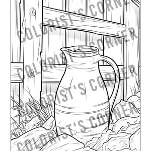 May include: A black and white line drawing of a ceramic jug with a handle, sitting on a pile of hay in front of a wooden fence.