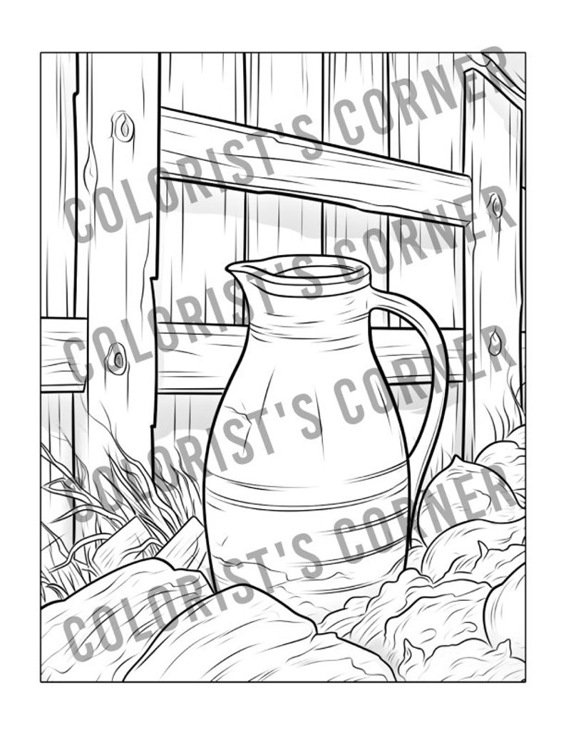May include: A black and white line drawing of a ceramic jug with a handle, sitting on a pile of hay in front of a wooden fence.