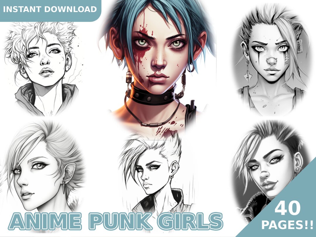 40 Anime Punk Girls Coloring Book Adult Coloring Pages, Kids Coloring