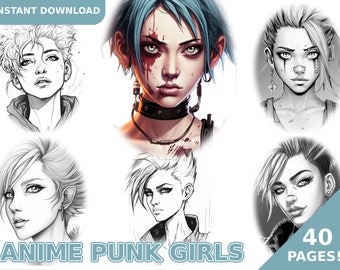 40 Anime Punk Girls Coloring Book - Adult Coloring Pages, Kids Coloring Book, Instant Download, Grayscale Coloring Book, Printable PDF File