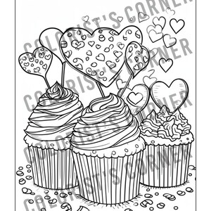 Op de afbeelding: Zwart-wit lijntekening van drie cupcakes met gedraaide glazuur. Hartvormige decoraties op stokjes zijn boven de cupcakes geplaatst. De afbeelding is een kleurplaat met de tekst "COLORIST'S CORNER" op de achtergrond.