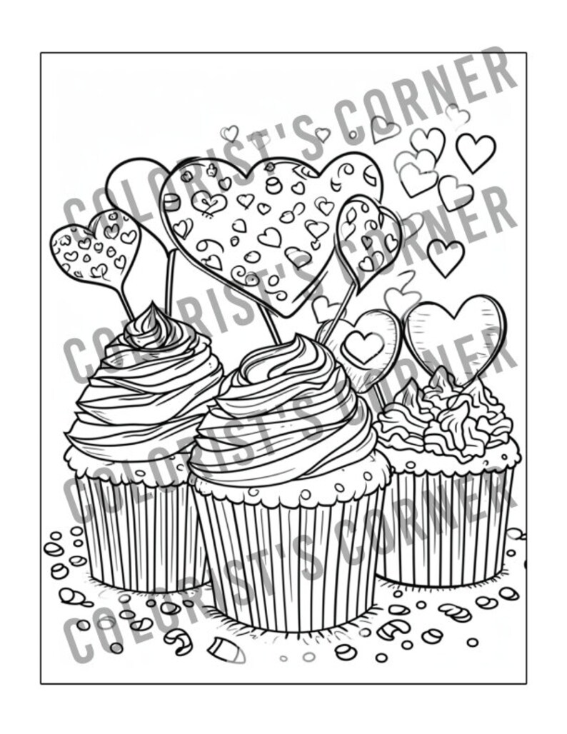 Op de afbeelding: Zwart-wit lijntekening van drie cupcakes met gedraaide glazuur. Hartvormige decoraties op stokjes zijn boven de cupcakes geplaatst. De afbeelding is een kleurplaat met de tekst "COLORIST'S CORNER" op de achtergrond.