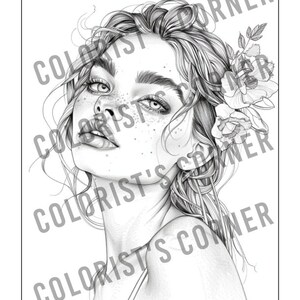 May include: A black and white pencil drawing of a woman with long, flowing hair. She is wearing a flower crown and has a soft, dreamy expression on her face.