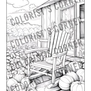 May include: A black and white line drawing of a rocking chair on a porch with pumpkins and a small house in the background.