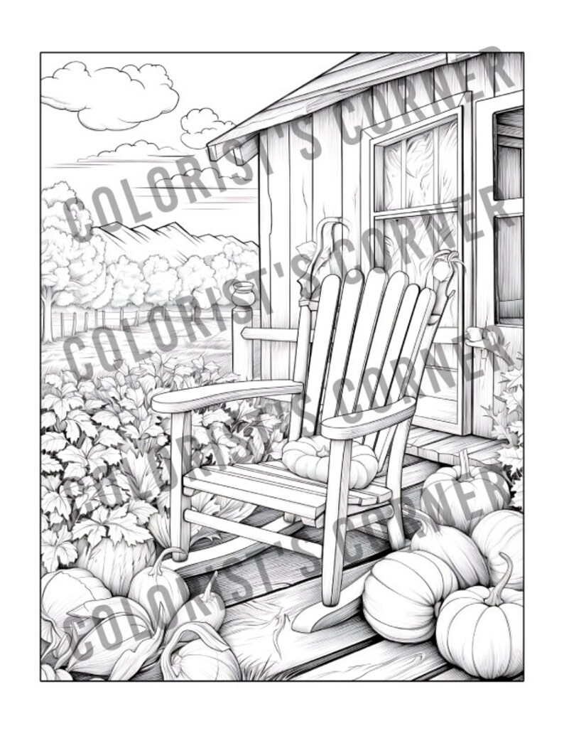 May include: A black and white line drawing of a rocking chair on a porch with pumpkins and a small house in the background.