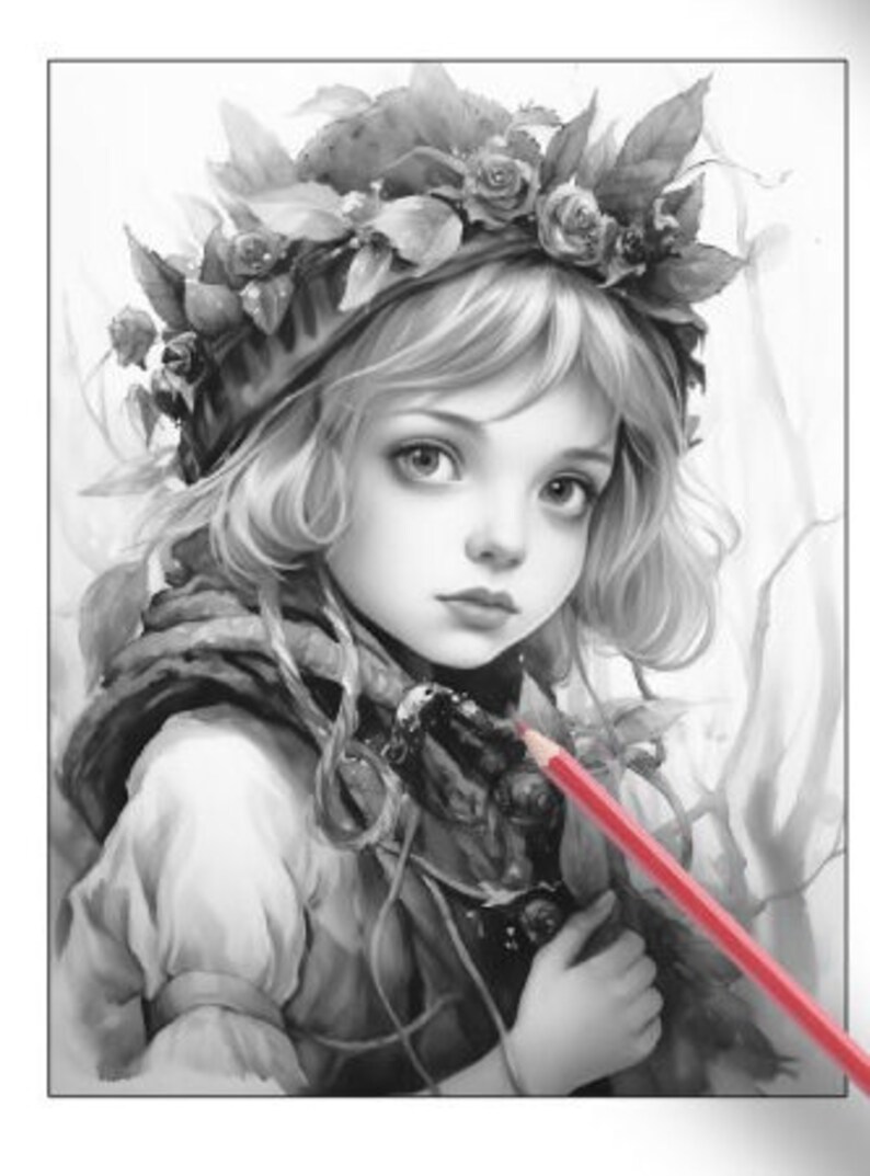 26 Pages Cute Forest Girls Coloring Book Adult Coloring Pages, Instant Download, Grayscale Coloring Book, Printable PDF File image 9