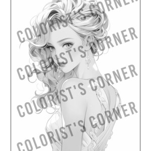 Peut inclure: Une illustration en noir et blanc d'une femme aux cheveux longs et flottants portant une robe sans bretelles avec un motif perl&eacute;. La femme regarde sur le c&ocirc;t&eacute; et a une expression douce et f&eacute;minine.