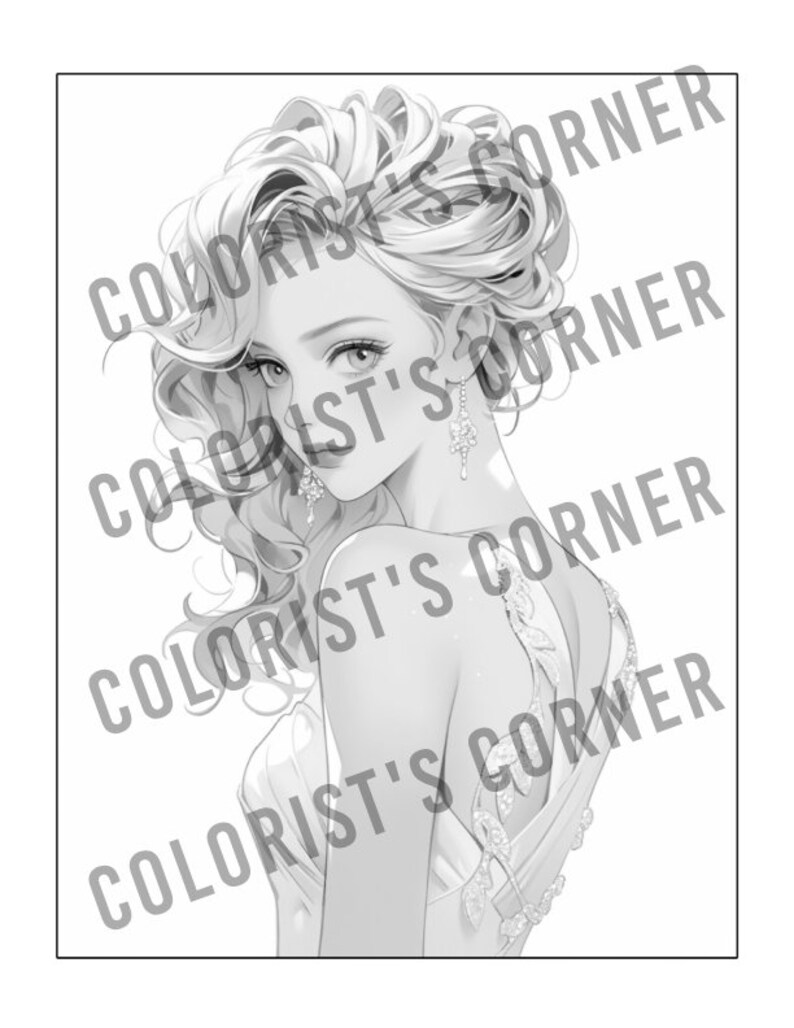Peut inclure: Une illustration en noir et blanc d'une femme aux cheveux longs et flottants portant une robe sans bretelles avec un motif perl&eacute;. La femme regarde sur le c&ocirc;t&eacute; et a une expression douce et f&eacute;minine.