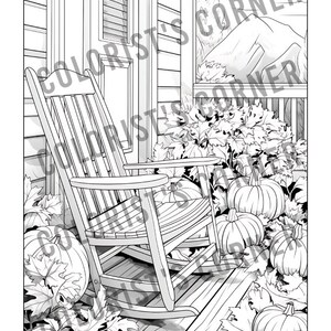 May include: A black and white line drawing of a rocking chair on a porch with pumpkins and autumn foliage. The chair is made of wood and has a slatted back and seat. The pumpkins are various sizes and shapes, and the foliage is made up of leaves and vines.