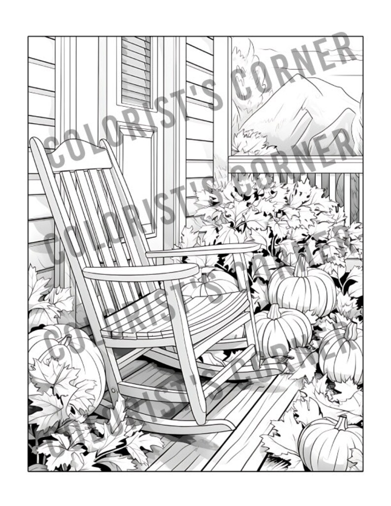 May include: A black and white line drawing of a rocking chair on a porch with pumpkins and autumn foliage. The chair is made of wood and has a slatted back and seat. The pumpkins are various sizes and shapes, and the foliage is made up of leaves and vines.