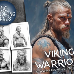 50 Pages Tattooed Viking Warriors Coloring Book Adult Coloring Pages, Instant Download, Grayscale Coloring Book, Printable PDF File