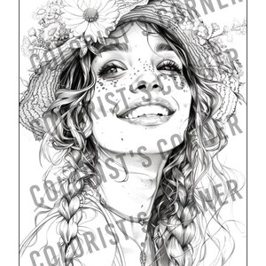 May include: A black and white drawing of a woman with long, braided hair wearing a straw hat with flowers. She is smiling and looking up.
