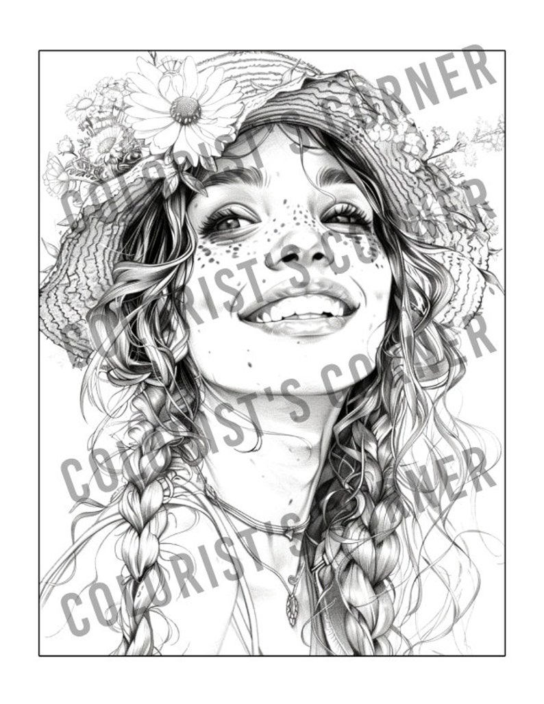 May include: A black and white drawing of a woman with long, braided hair wearing a straw hat with flowers. She is smiling and looking up.