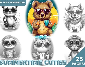 サマータイム キューティーズ 動物ぬり絵 - 大人のぬり絵、子供向けぬり絵、グレースケールぬり絵、印刷可能な PDF ファイル