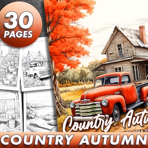 30 Pages Country Autumn Coloring Book Halloween Adult Coloring Pages, Instant Download, Grayscale Coloring Book, Printable PDF File