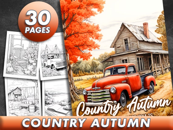 30 Pages Country Autumn Coloring Book Halloween Adult Coloring Pages, Instant Download, Grayscale Coloring Book, Printable PDF File